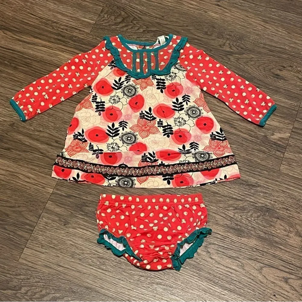 Matilda Jane Under The Tree Dress With Bloomers Red Green Cream Black 12-18 mos